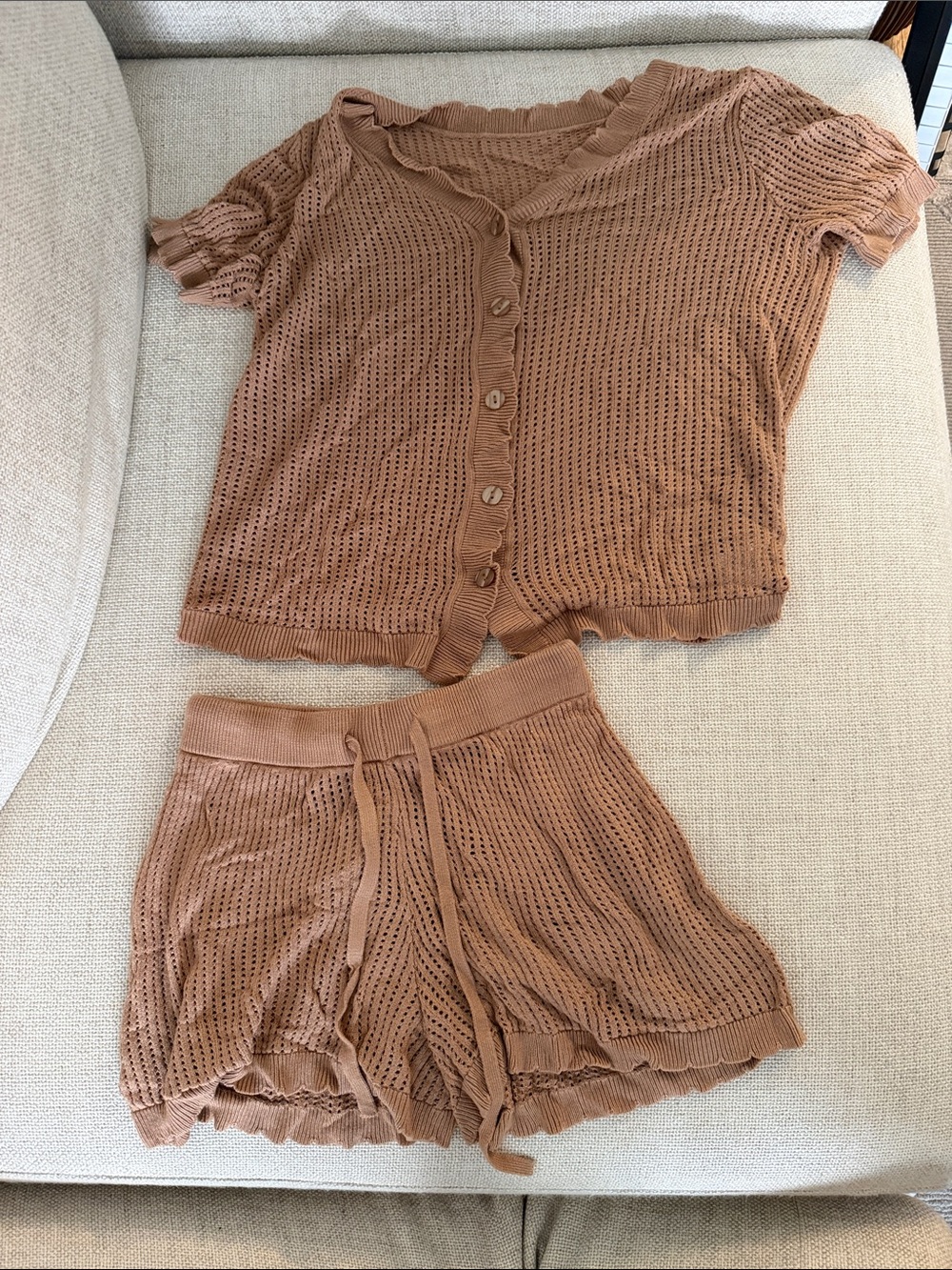 ASOS Open-Knit Button Cardigan & Drawstring Shorts Set - Rust Brown